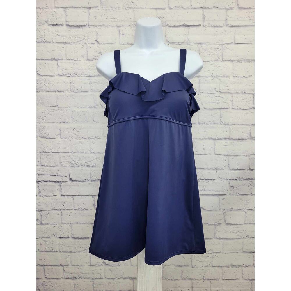 10R NAVY A392823 Denim & Co. Beach Ruffle Neckline Swim Dress